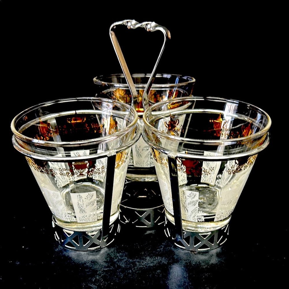 Mid Century Modern metal 3 glass  “condiment caddy” “ spooner”